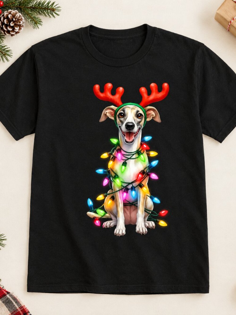 Whippet Dog Christmas Lights Reindeer Antlers Holiday Unisex Graphic T-Shirt